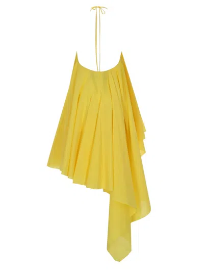 Jacquemus Courte Asymmetric Cotton-blend Crepon Halterneck Dress In Yellow