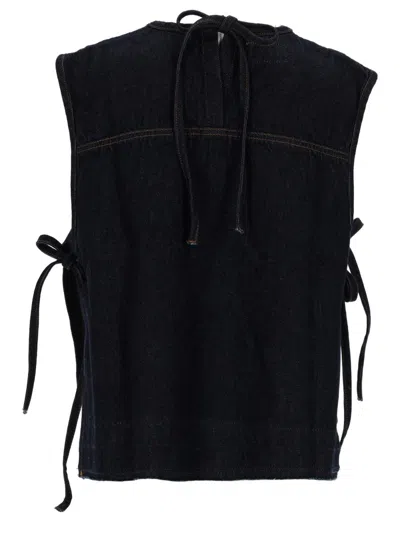 Amish Denim Solid Round Neck Top In Blue