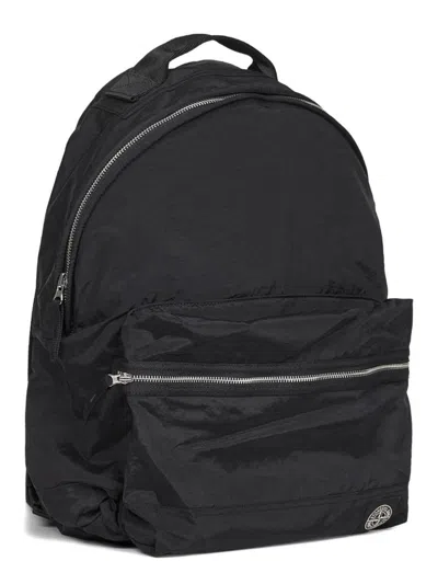 Stone Island Adjustable Strap Logo Backpack With Multiple Pockets In Black
