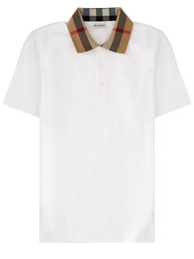 Burberry Check-collar White Polo Shirt With Three-button Placket