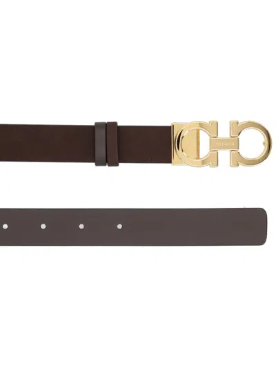 Ferragamo Reversible Hooks Leather Belt Smooth Finish In Brown