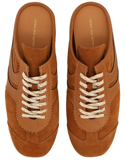 Dries Van Noten Suede Mules Rubber Sole Stitch Detailing In Brown