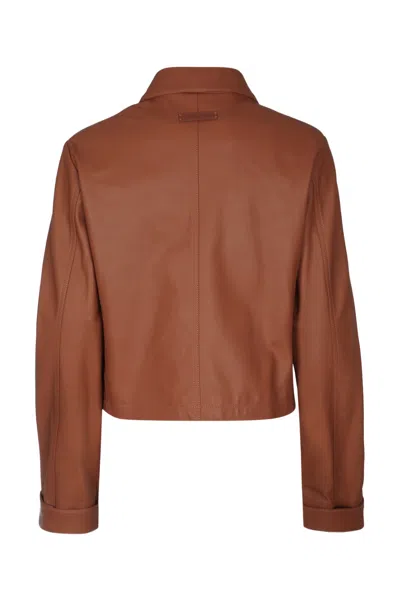 Jacob Cohen Leather Jacket Collared Neck Front Pockets In Brown