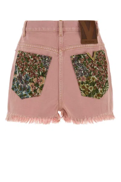 Valentino Knee Length Shorts Frayed Hem Floral Pockets Belt Loops In Pink