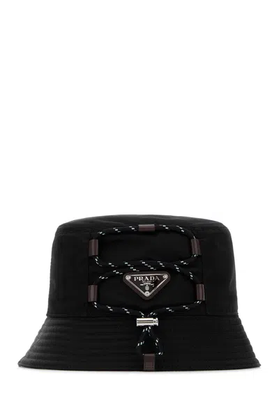 Prada Triangle Logo Drawstring Bucket Hat In Black