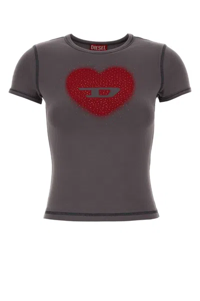 Diesel Slim T-shirt With Heart Print And Studs In Gray