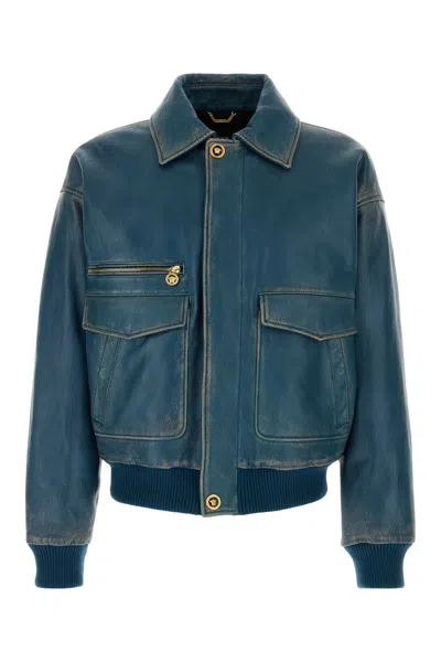 Versace Long-sleeved Leather Jacket In Blue