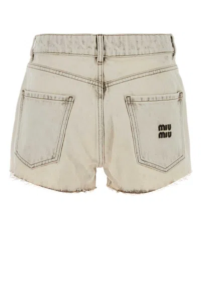 Miu Miu Distressed Cotton Denim Shorts In Neutral