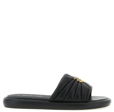 Pinko Fiona Black Slides With Chunky Design And Love Birds Logo Plaque In Leather Woman