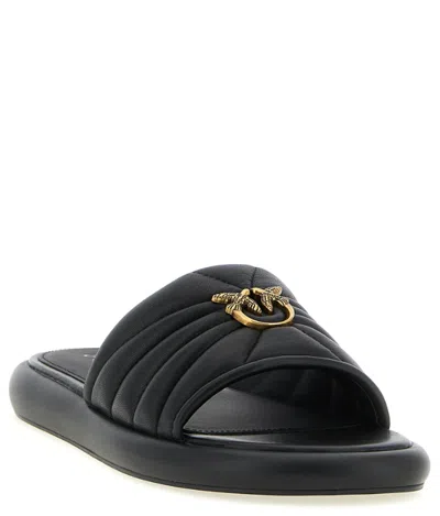 Pinko Fiona Black Slides With Chunky Design And Love Birds Logo Plaque In Leather Woman