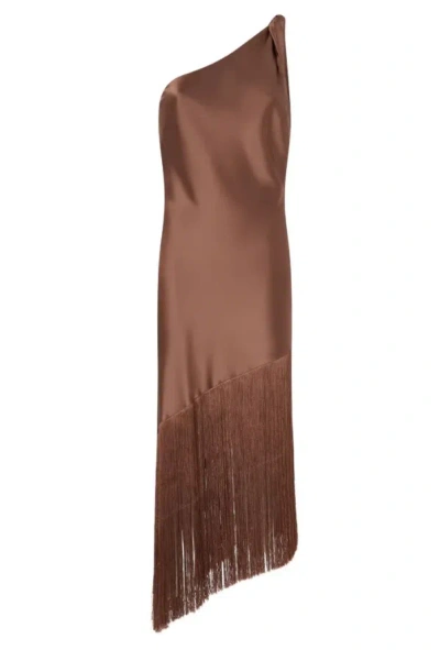 Pinko Brown Dress With Asymmetrical Design And Fringes In Tech Fabric Woman