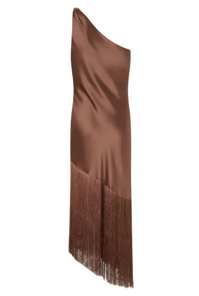 Pinko Brown Dress With Asymmetrical Design And Fringes In Tech Fabric Woman
