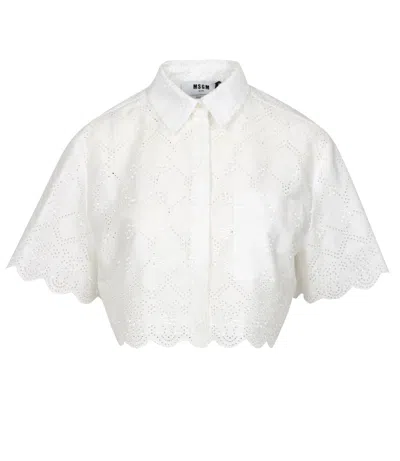 Msgm Delicate Eyelet Cropped Shirt With Scalloped Hemline In White