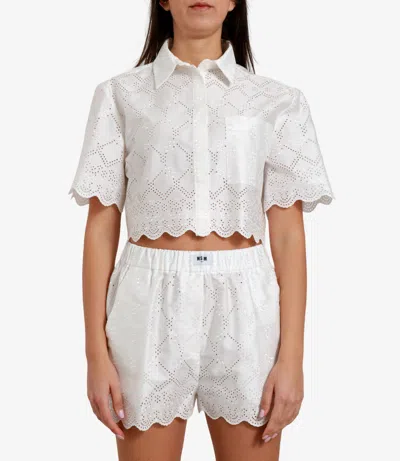 Msgm Delicate Eyelet Cropped Shirt With Scalloped Hemline In White