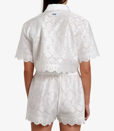 Msgm Delicate Eyelet Cropped Shirt With Scalloped Hemline In White