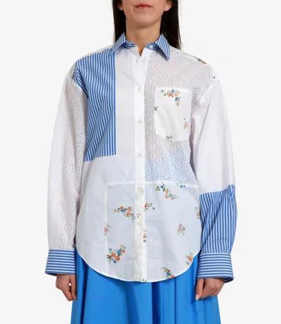 Msgm Floral Print Striped Pattern Button-up Shirt With Eyelet Detailing In White