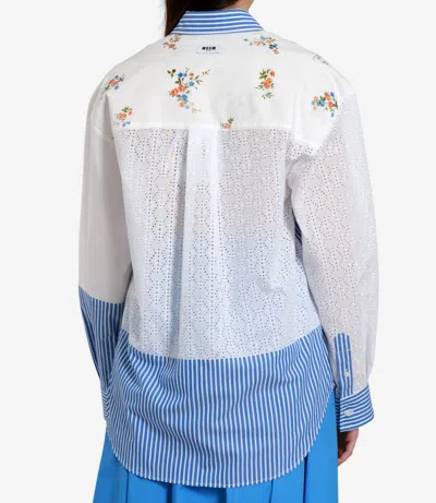 Msgm Floral Print Striped Pattern Button-up Shirt With Eyelet Detailing In White