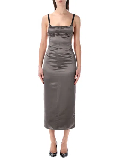 Attico Open-back Satin Midi Dress In Gray