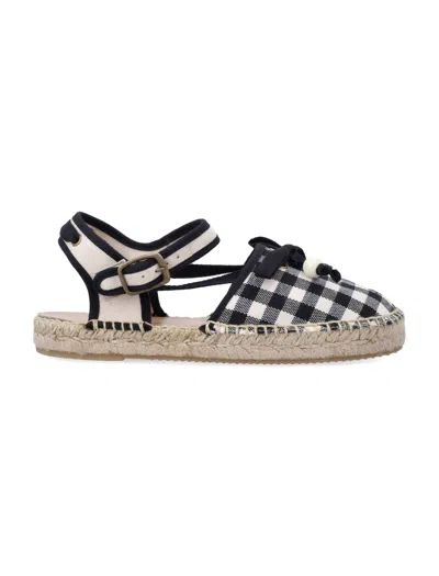 Bonpoint Mini Gingham Espadrilles With Bow And Cherry Stud In Black