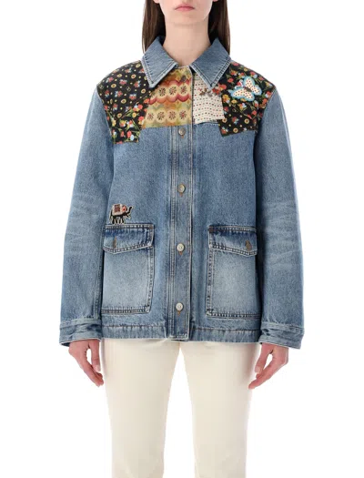 Valentino Denim Jacket Padded Collared Neck Patchwork In Blue