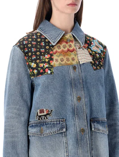 Valentino Denim Jacket Padded Collared Neck Patchwork In Blue