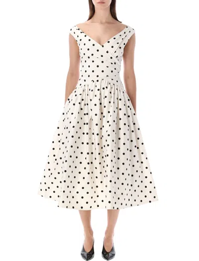 Self-portrait White Dress With All-over Polka Dot And Flared Skirt In Cotton Woman In Orange