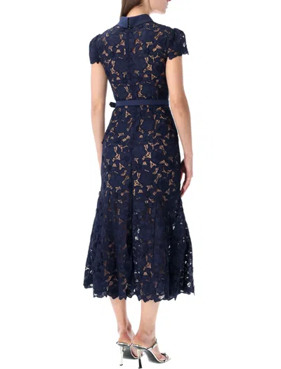 Self-portrait Guipure Blue Long Dress With Lace Design And Adjustable Waist Belt In Fabric Woman