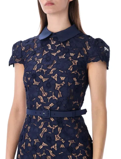 Self-portrait Guipure Blue Long Dress With Lace Design And Adjustable Waist Belt In Fabric Woman