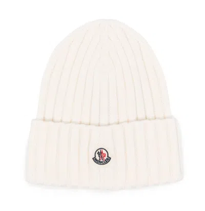 Moncler Ribbed Beanie With Embroidered Logo Detail In White