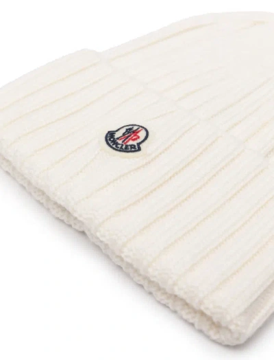 Moncler Ribbed Beanie With Embroidered Logo Detail In White