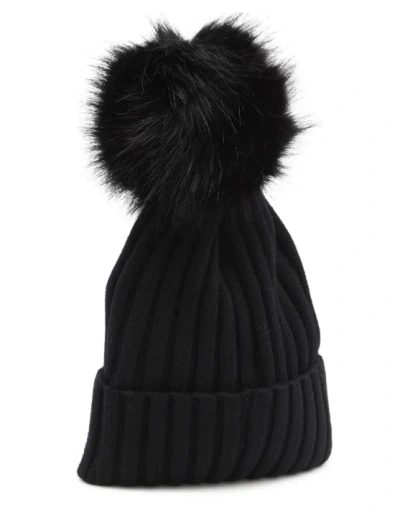 Moncler Ribbed Knit Wool Beanie With Faux Fur Pom-pom In Black