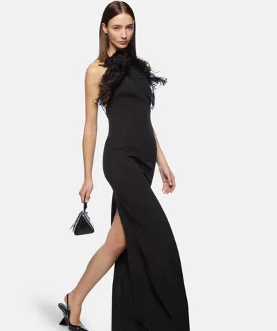 Attico Long Dress Cady Ostrich Feathers Detail In Brown