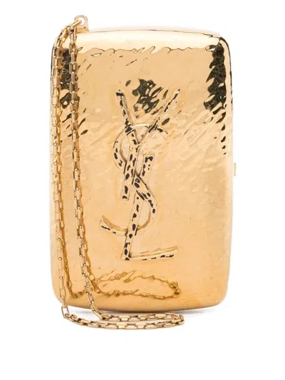 Saint Laurent Rectangular Gold Hammered Clutch Bag In Orange