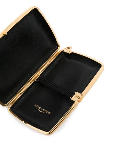 Saint Laurent Rectangular Gold Hammered Clutch Bag In Orange