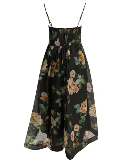 Zimmermann Luna Floral-print Linen And Silk-blend Midi Dress In Black