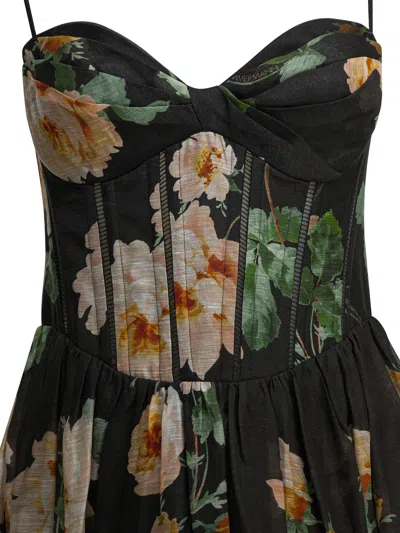 Zimmermann Luna Floral-print Linen And Silk-blend Midi Dress In Black