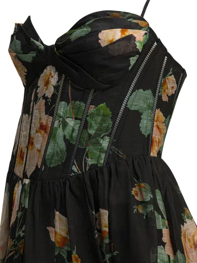 Zimmermann Luna Floral-print Linen And Silk-blend Midi Dress In Black