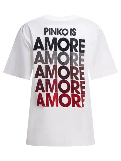 Pinko White Crewneck T-shirt With Logo Detail On The Front And Maxi Print On The Rear In Cotton Woman In Neutral