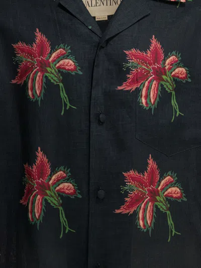 Valentino Camp Collar Shirt Floral Pattern Short Sleeves In Blue