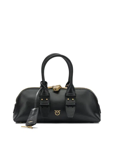 Pinko Bowling Bag Horizontal Black Handbag With Adjustable And Removable Shoulder Strap And Padlock Detail