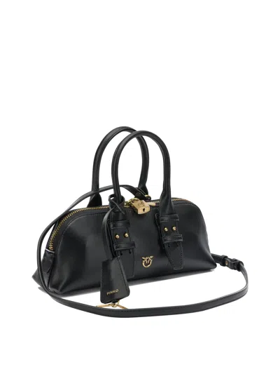Pinko Bowling Bag Horizontal Black Handbag With Adjustable And Removable Shoulder Strap And Padlock Detail