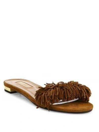 Shop Aquazzura Wild Thing Fringed Suede Slides In  Blue