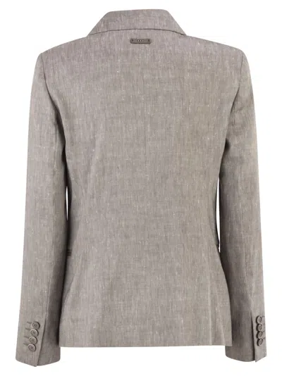 Peserico Double Breasted Blazer In Linen And Wool Blend In Gray