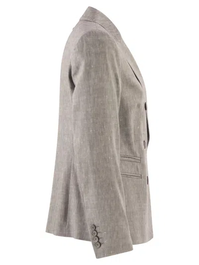 Peserico Double Breasted Blazer In Linen And Wool Blend In Gray