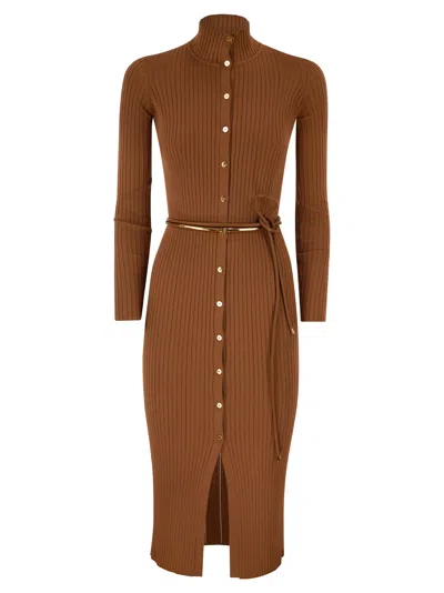 Elisabetta Franchi Dress In Openwork Knit Fabric With Jewel Belt In Brown