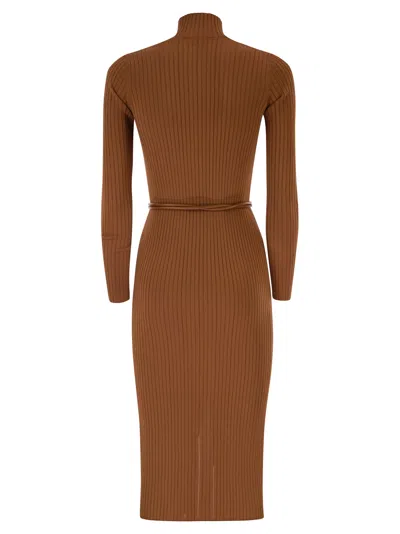 Elisabetta Franchi Dress In Openwork Knit Fabric With Jewel Belt In Brown