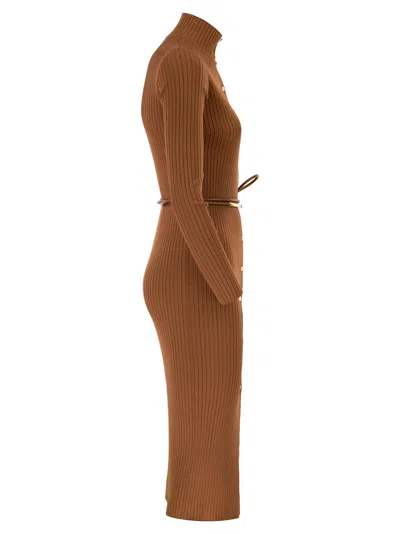 Elisabetta Franchi Dress In Openwork Knit Fabric With Jewel Belt In Brown