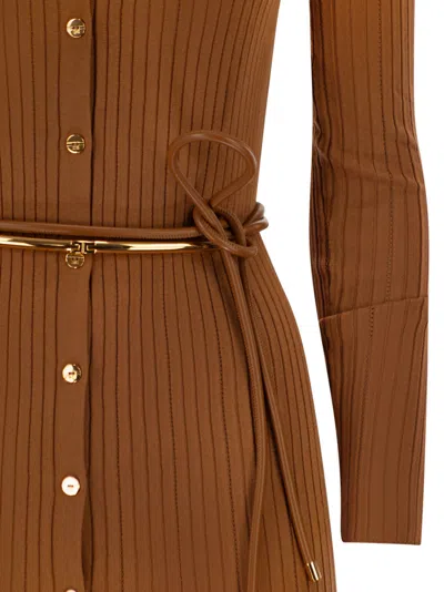 Elisabetta Franchi Dress In Openwork Knit Fabric With Jewel Belt In Brown