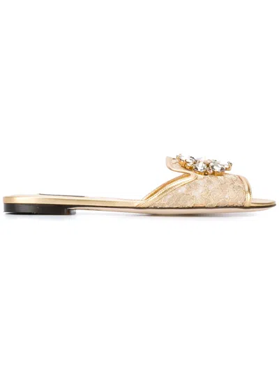 Dolce & Gabbana Rainbow Slides In Gold Lurex Lace With Brooch In Gold