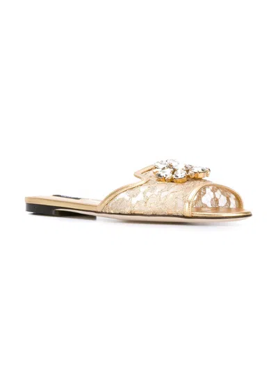 Dolce & Gabbana Rainbow Slides In Gold Lurex Lace With Brooch In Gold